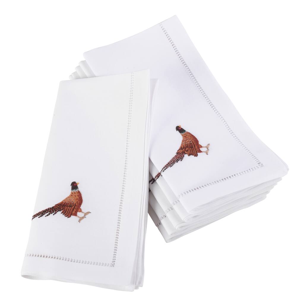 Embroidered Pheasant Hemstitched Cotton Napkin (Set of 6)