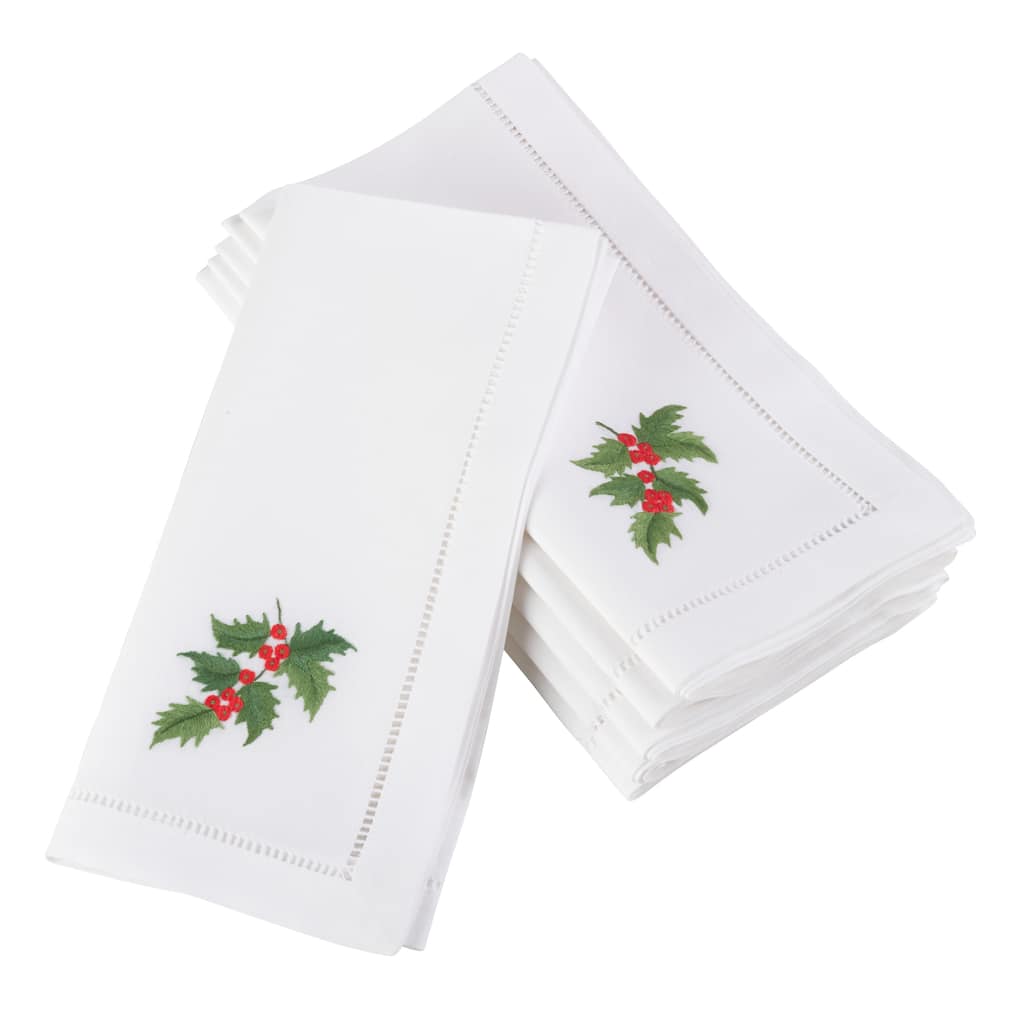Holly Leaf Embroidered and Hemstitched Cotton Napkin (Set of 6)