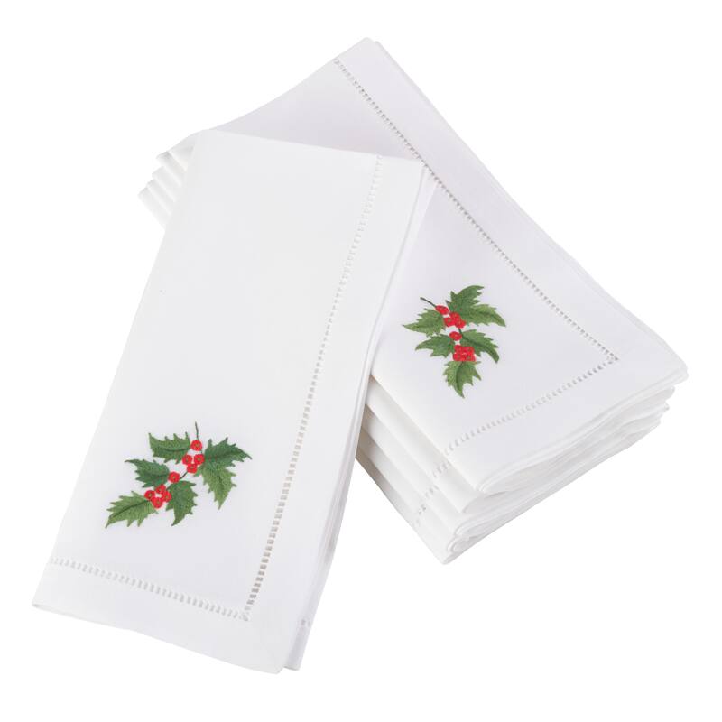 Holly Leaf Embroidered and Hemstitched Cotton Napkin (Set of 6)