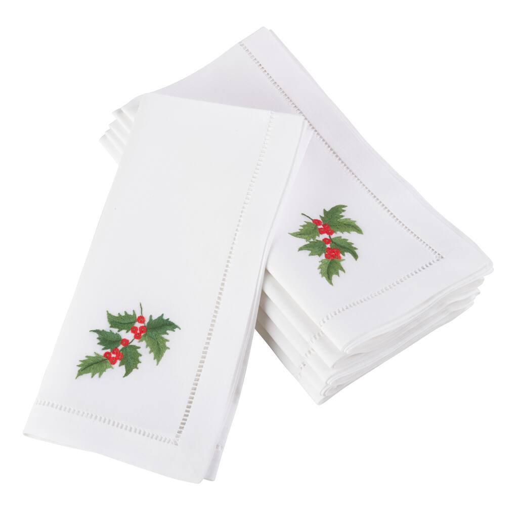 Holly Leaf Embroidered and Hemstitched Cotton Napkin (Set of 6)