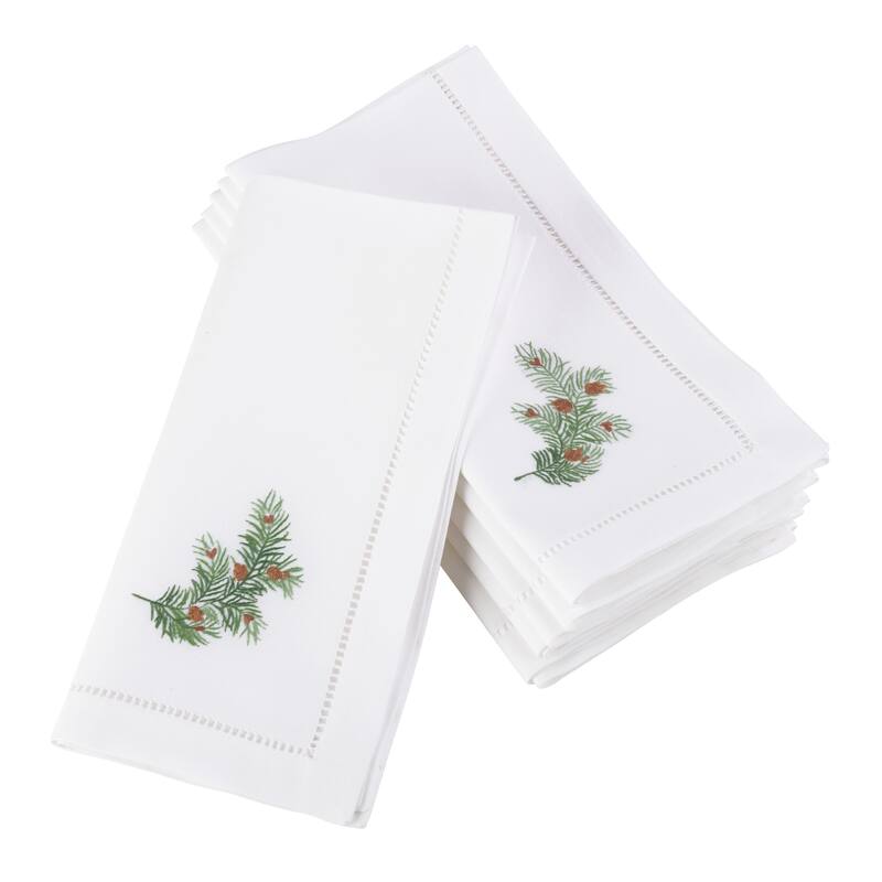 Winter Pine Embroidered and Hemstitched Cotton Napkin (Set of 6)