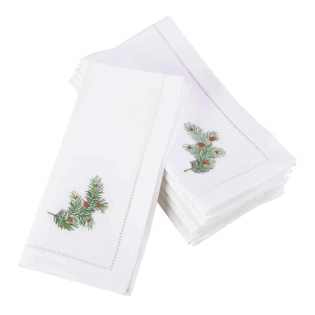 Winter Pine Embroidered and Hemstitched Cotton Napkin (Set of 6)