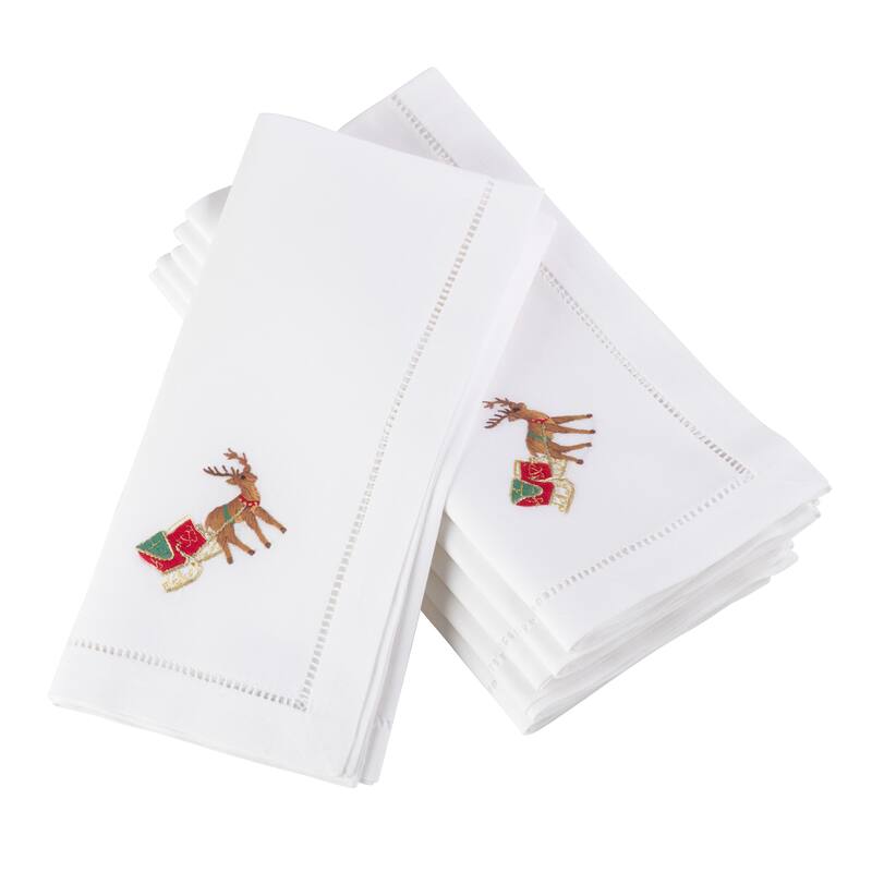 Reindeer Embroidered and Hemstitched Cotton Napkin (Set of 6)