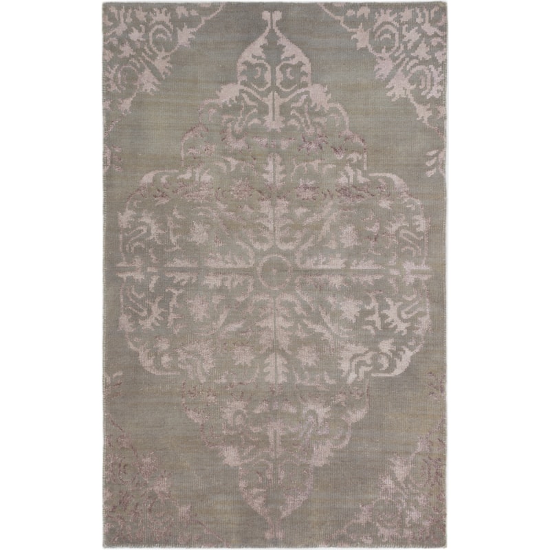 Hand-knotted La Seda Turquoise Silk, Wool Rug - 4'11" x 7'6" - Grey/Khaki/Grey/ Khaki