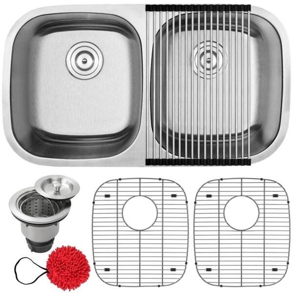 slide 2 of 15, 32 1/2" Ticor L2 Foster Series 18-Gauge Stainless Steel Undermount Double Basin Kitchen Sink with Accessories