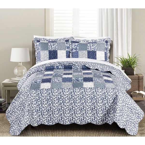 Asher Home Joyanna Indigo 3 Piece Luxury Ruffle Quilt Set