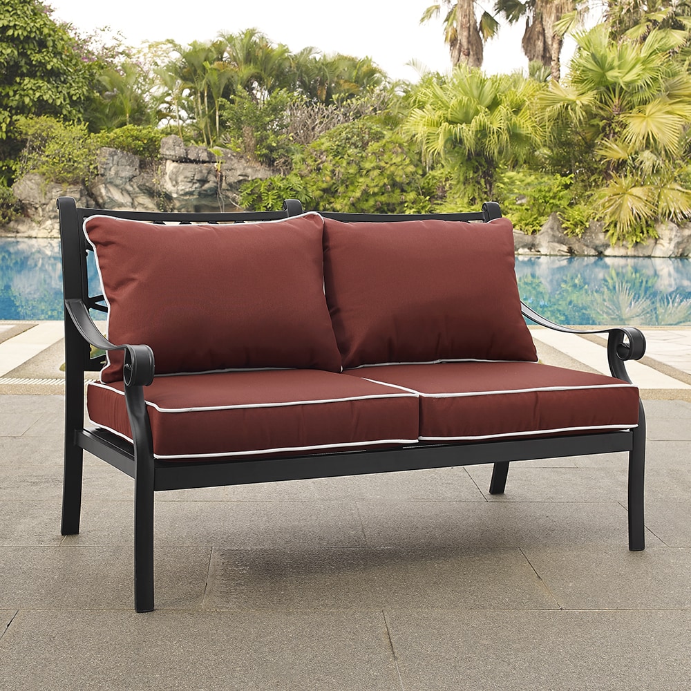 Shop Palermo Cast Aluminum Love Seat In Charcoal Black Finish With Sangria Cushions Overstock 15029593