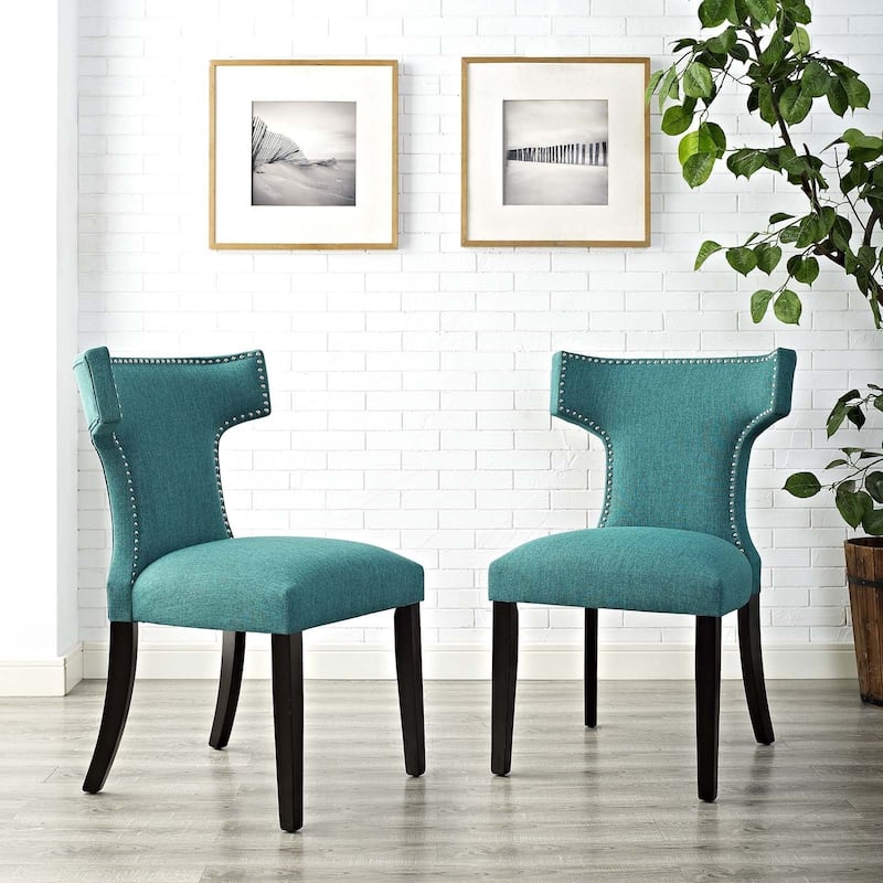 Curve Upholstered Fabric Two Dining Chair Set With Nailhead In Teal