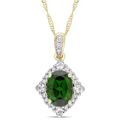 Miadora Signature Collection 14k Yellow Gold Chrome Diopside White Sapphire 1/10ct TDW Diamond Halo Necklace - Green