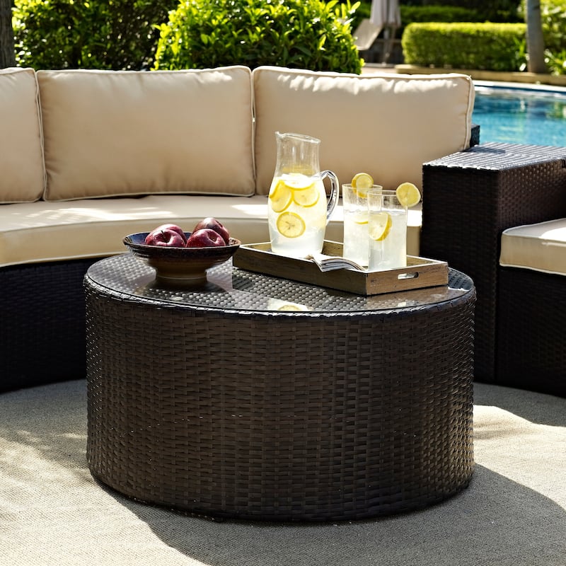 Crosley Catalina Outdoor Brown Wicker Glass Top Round Coffee Table