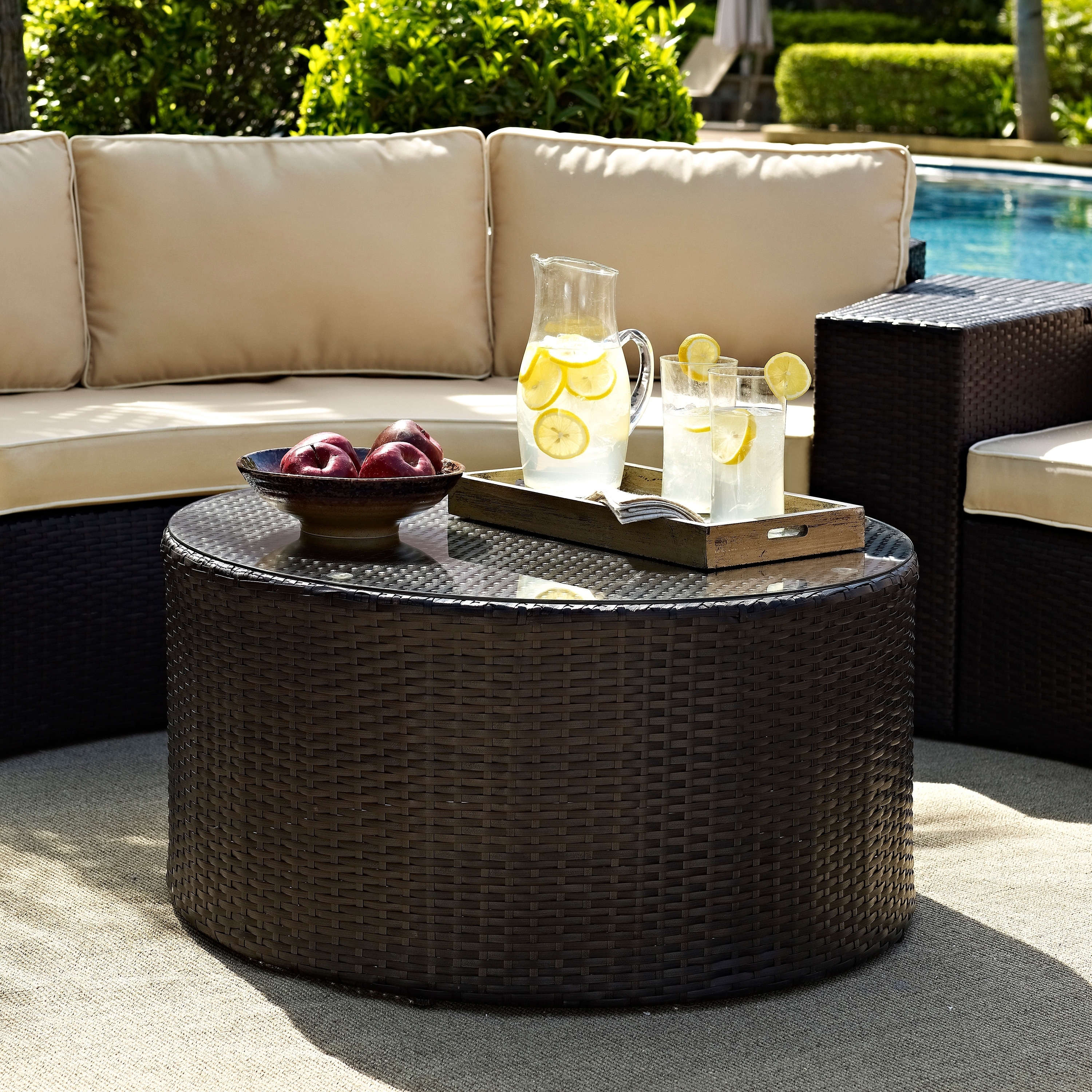 Crosley Catalina Outdoor Brown Wicker Glass Top Round Coffee Table