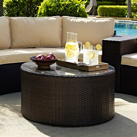 Catalina Outdoor Brown Wicker Glass Top Round Coffee Table