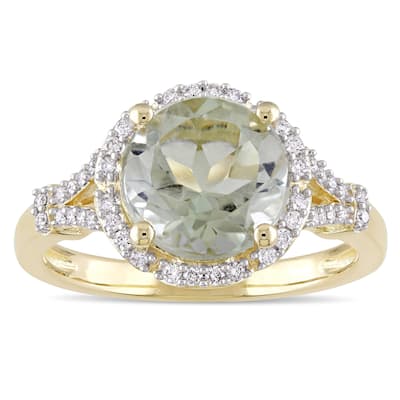 Miadora Signature Collection 14k Yellow Gold Green Amethyst and 1/5ct TDW Diamond Halo Floral Ring (