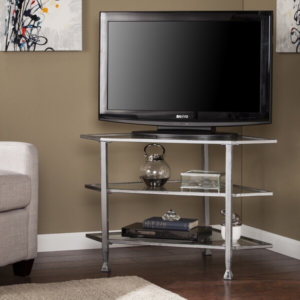 Harper Blvd Jensen Metal Glass Corner TV Stand Distressed Silver Soft Gold Goldtone Finish