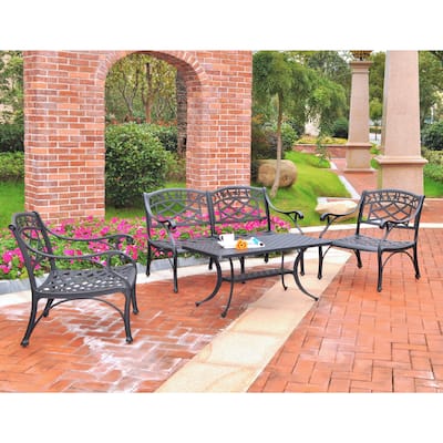 Sedona 4 Piece Cast Aluminum Outdoor Conversation Seating Set - Loveseat, 2 Club Chairs & Cocktail Table in Black Finish