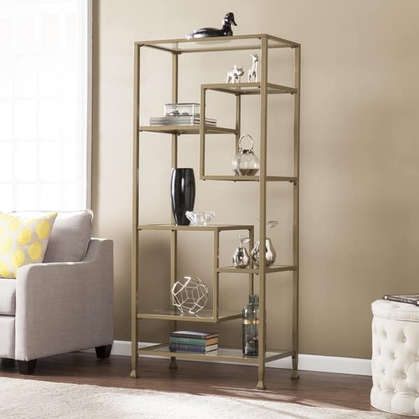 slide 2 of 11, SEI Furniture Jensen Metal/Glass Asymmetrical Etagere/Bookcase - Matte Khaki