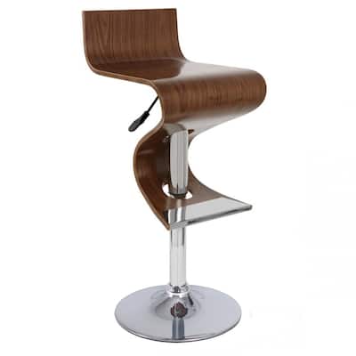 Wave Collection Height Adjustable Walnut Wood Swivel Bar Stool with Low Backrest and Gas Lift, Walnut