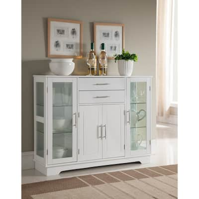 Kitchen Storage Cabinet Buffet with Glass Doors, White