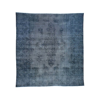 Shahbanu Rugs Kerman Overdyed Blue Handmade Thin Shaved Squarish Fragment Rug