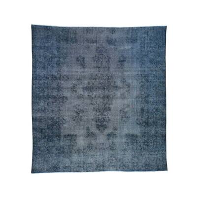 Shahbanu Rugs Kerman Overdyed Blue Handmade Thin Shaved Squarish Fragment Rug