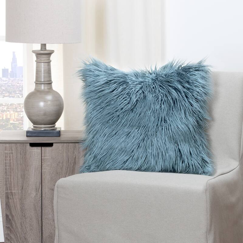 The Curated Nomad Carmel Llama Teal Faux Fur Throw Pillow
