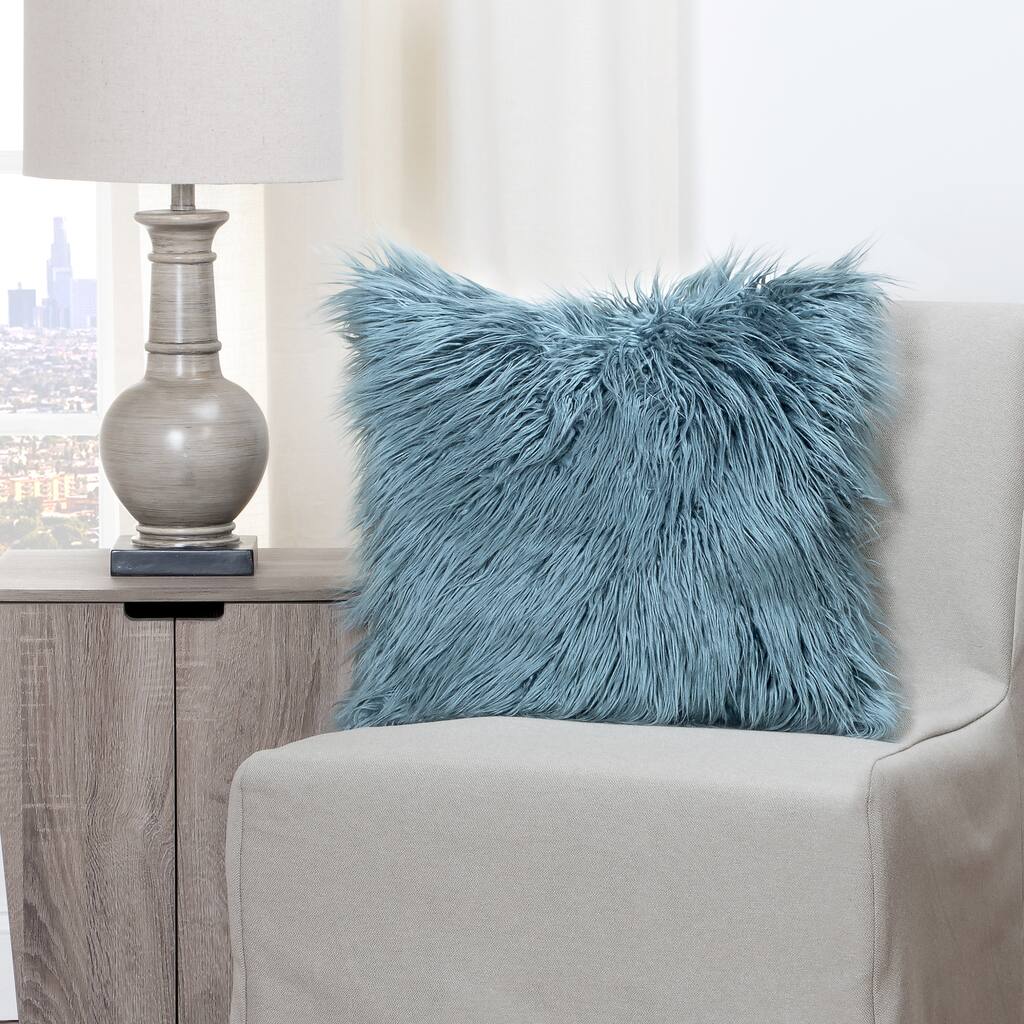 The Curated Nomad Carmel Llama Teal Faux Fur Throw Pillow