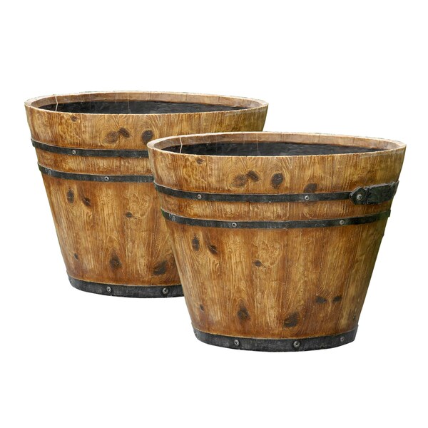 Set of 2 Rustic Finish Barrel Planters