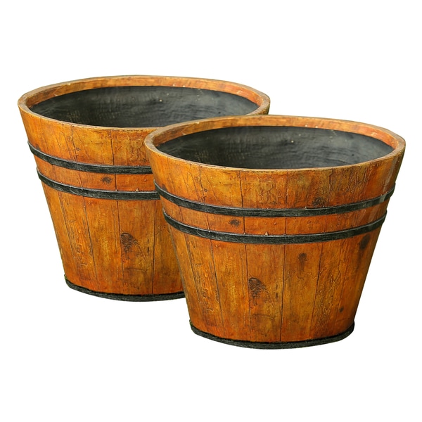 Set of 2 Wood Finish Barrel Planters