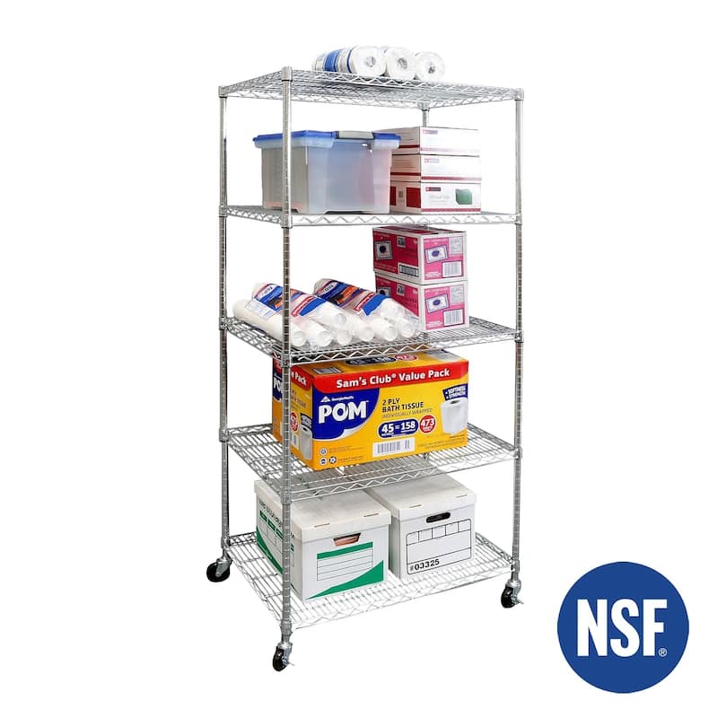 Seville Classics 36 in W x 24 in D x 72 in H, UltraDurable Commercial-Grade 5-Tier NSF-Certified Wire Shelving with Wheels