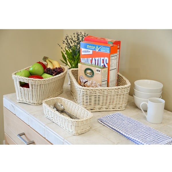 Seville Classics Nesting Wicker Weave Storage Basket Set 3-Piece, Ivory
