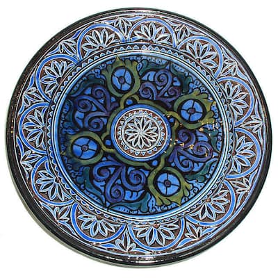 Handmade 11-inch Blue Engraved Ceramic Plate (Morocco)