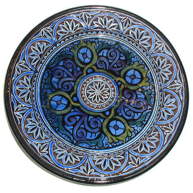 Handmade 11-inch Blue Engraved Ceramic Plate (Morocco)