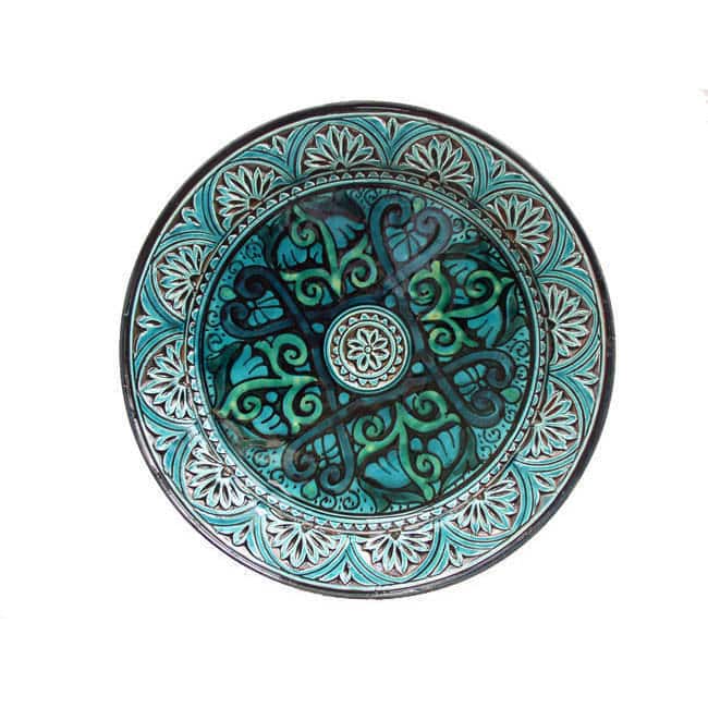 Handmade Engraved Turquoise Ceramic Plate (Morocco)