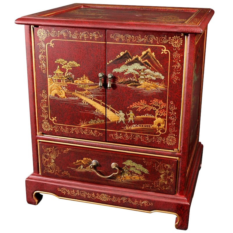 Handmade Lacquered Vintage Chinese Landscape End Table - 20.00"W x 16.00"D x 24.50"H