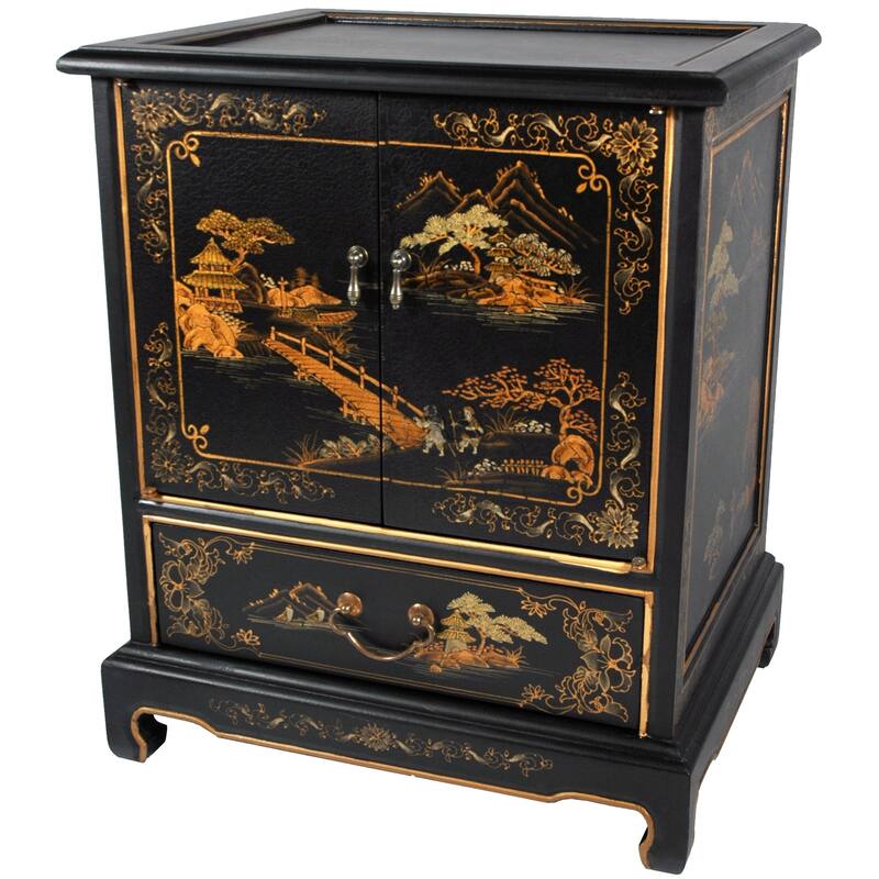 Handmade Lacquered Vintage Chinese Landscape End Table - 20.00"W x 16.00"D x 24.50"H
