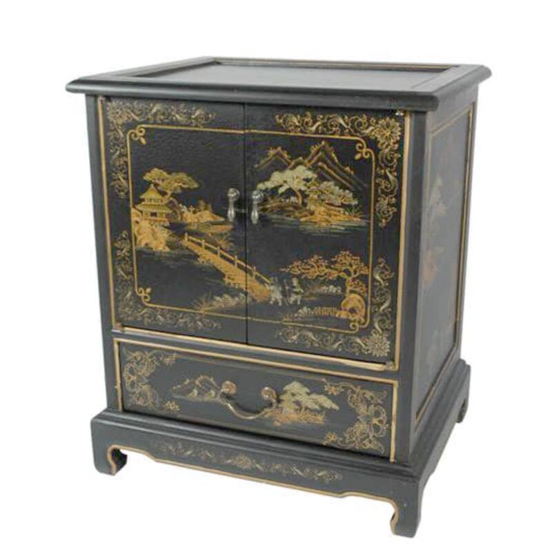 Handmade Lacquered Vintage Chinese Landscape End Table - 20.00"W x 16.00"D x 24.50"H - Black