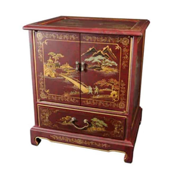 Handmade Lacquered Vintage Chinese Landscape End Table - 20.00"W x 16.00"D x 24.50"H - Red