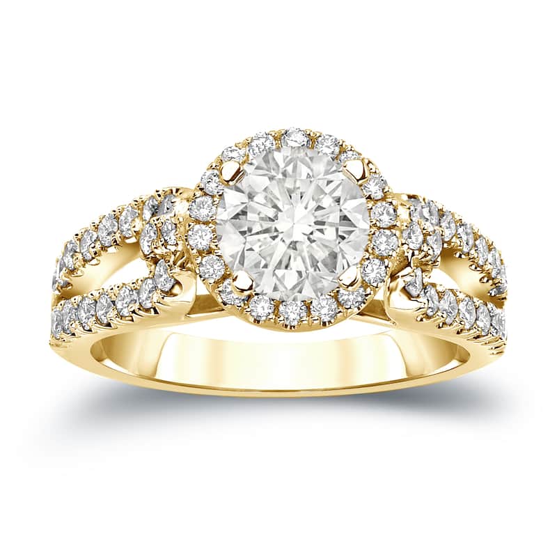 14k Gold Round 1ct TDW Certified Diamond Halo Engagement Ring by Auriya (J-K, I1-I2)