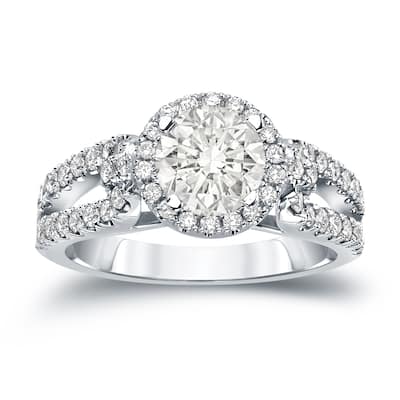 14k Gold Round 1ct TDW Certified Diamond Halo Engagement Ring by Auriya (J-K, I1-I2)