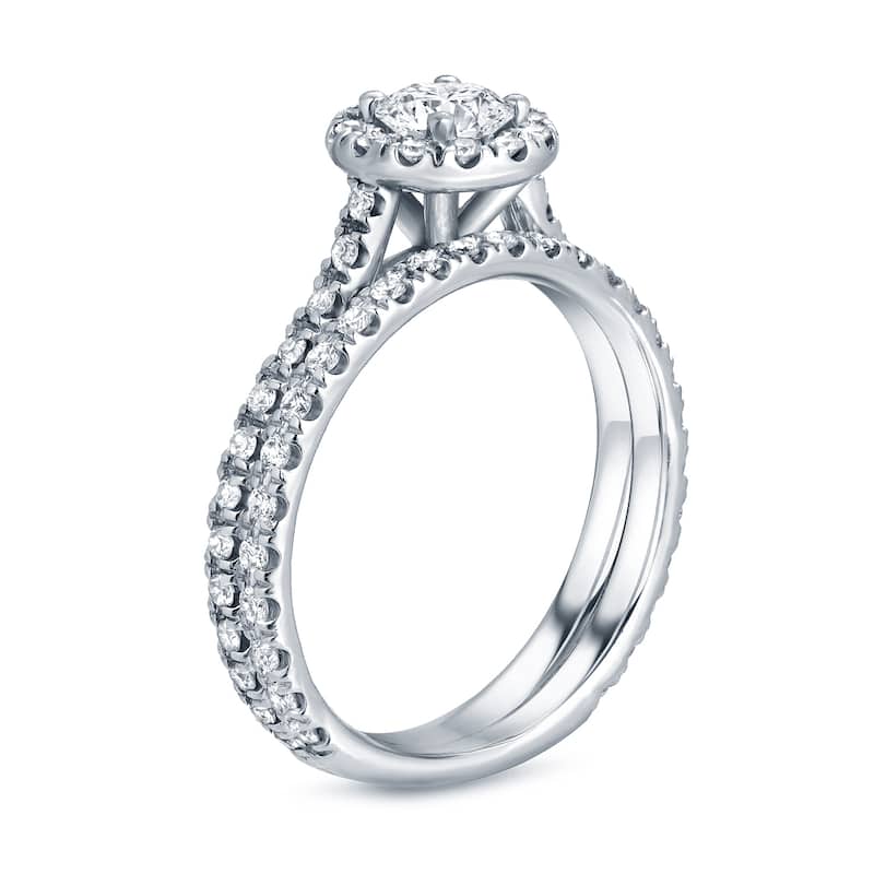 Platinum Round 1ct TDW Certified Diamond Halo Engagement Ring Set by Auriya