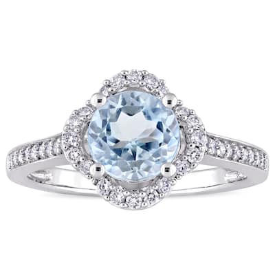 Miadora Signature Collection 14k White Gold Blue Topaz and 1/4ct TDW Diamond Quatrefoil Halo Engagem