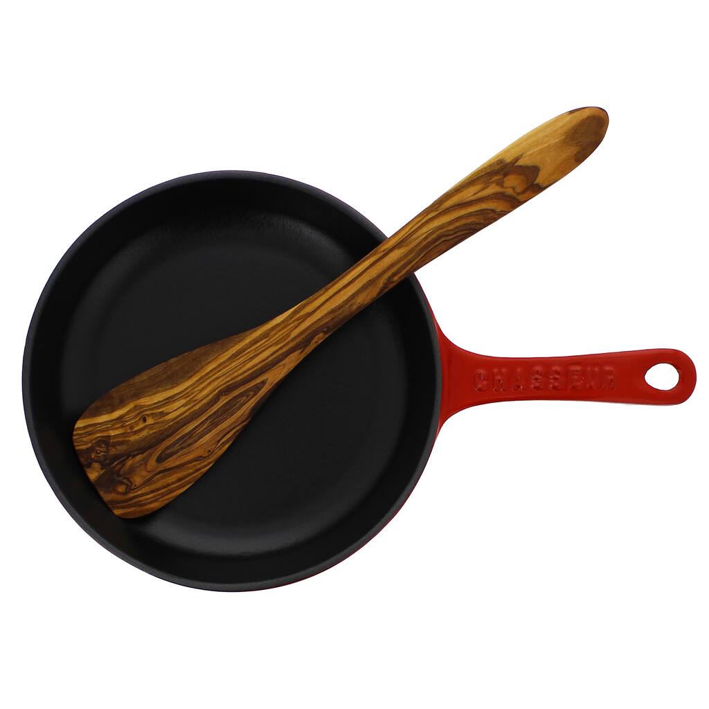 Chasseur Red French-enameled Cast-iron 8-inch Fry Pan and Olive Wood Spatula