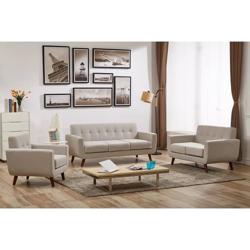 Grace Mid-Century Tufted Upholstered Rainbeau Living Room Sofa, Loveseat, and Chair 3-piece Set