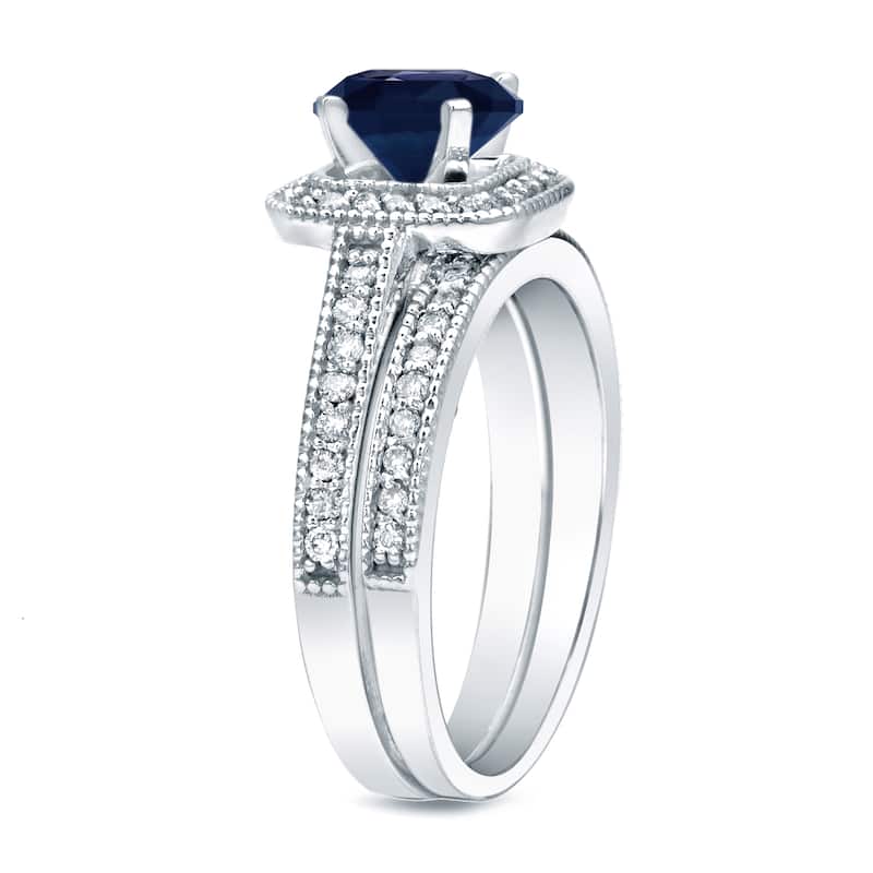 Auriya Vintage 2/5ct Blue Sapphire and 3/5ctw Halo Diamond Engagement Ring Set Platinum