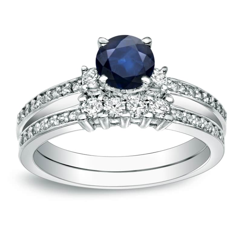 Auriya 1/2ct Blue Sapphire and 1/2ctw 3 Stone Diamond Engagement Ring Set Platinum