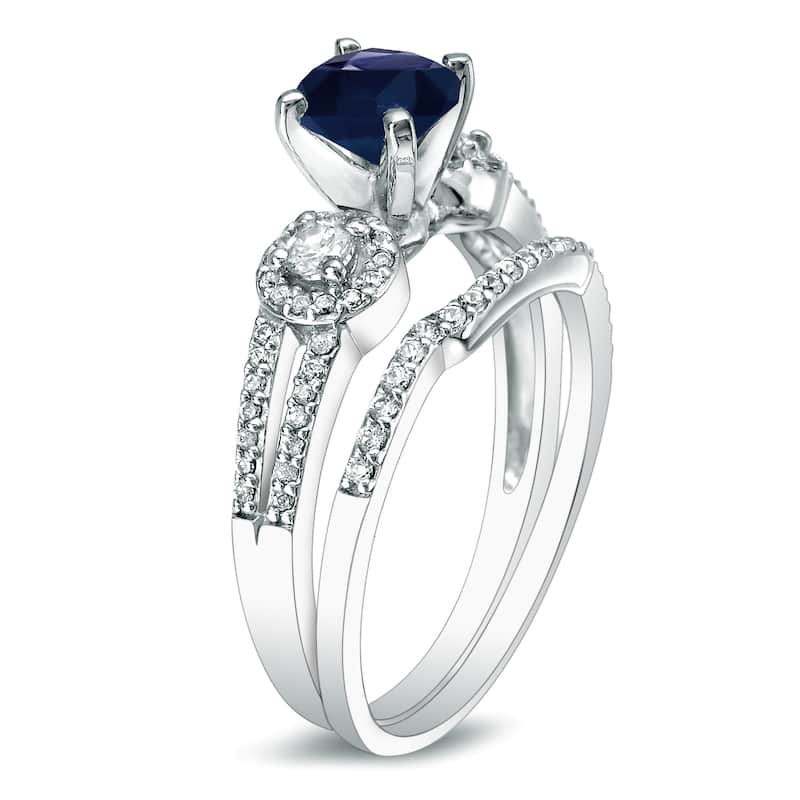 Platinum Round 1/2ct Blue Sapphire and 1/2ct TDW Diamond Engagement Ring Set by Auriya