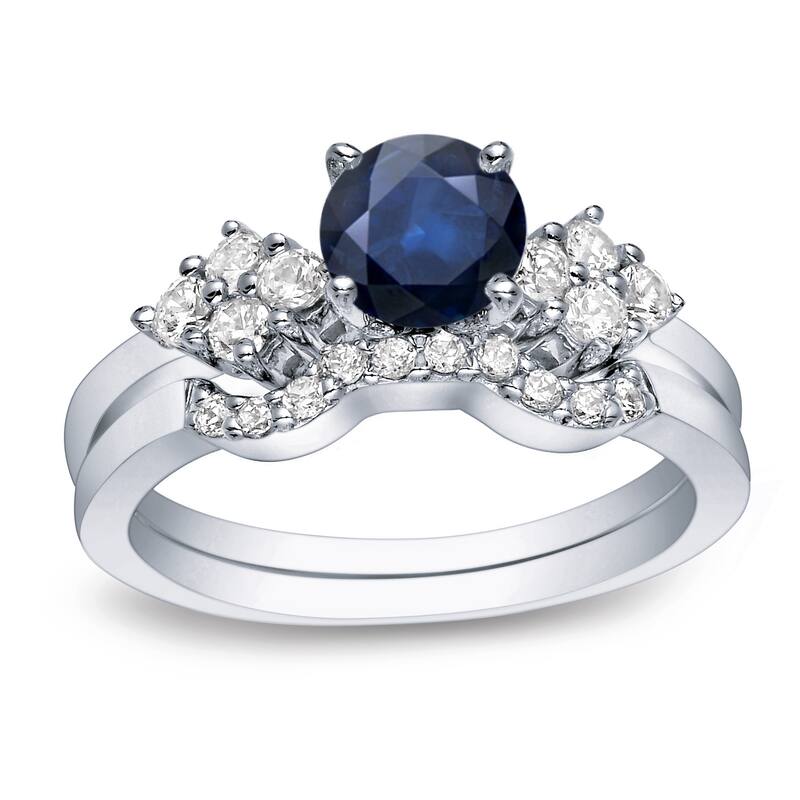 Platinum Round 3/5ct Blue Sapphire and 1/2ct TDW Round Diamond Engagement Ring Set by Auriya