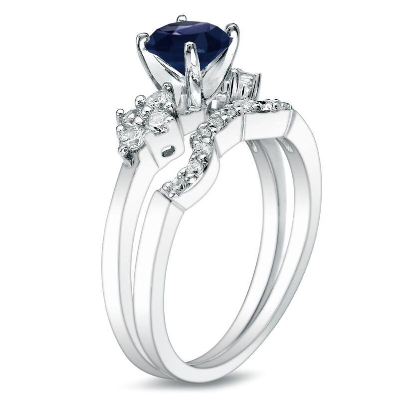 Platinum Round 3/5ct Blue Sapphire and 1/2ct TDW Round Diamond Engagement Ring Set by Auriya