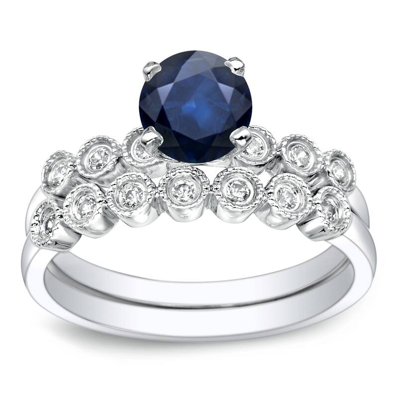Platinum Round 4/5ct Blue Sapphire and 1/5ct TDW Diamond Engagement Ring Set by Auriya