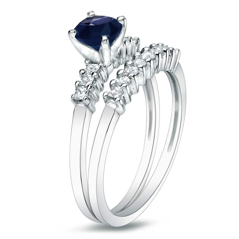 Platinum Round 1/2ct Blue Sapphire and 1/2ct TDW Diamond Engagement Ring Set by Auriya